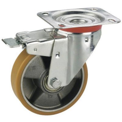 Lenkrolle m. Feststeller, Polyurethan, D:150mm, H:190mm, P:140x110mm, 300kg