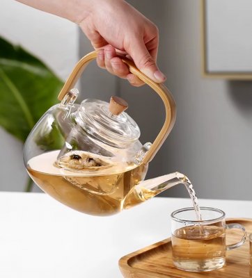 Teekanne m. Bambushenkel, Glas, 900ml