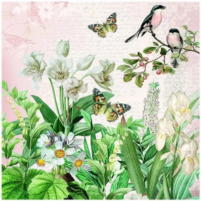 20 Stk. Servietten "Blumen+Schmetterlinge+Vögel", 33x33cm