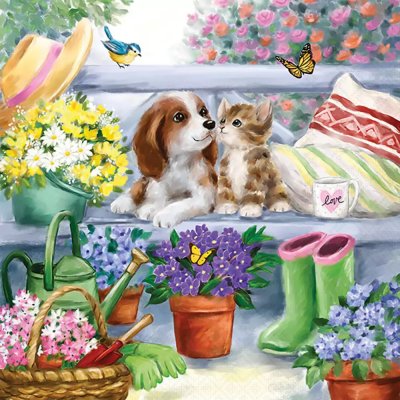 20 Stk. Servietten "Welpe und Kitten im Garten", 33x33cm