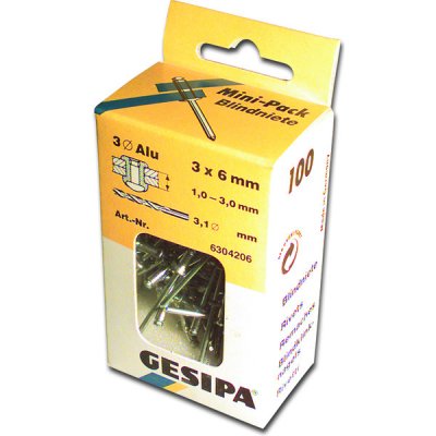 Gesipa, 100 Stk. Alu-Blindnieten, Flachkopf, D:3mm, L:6mm